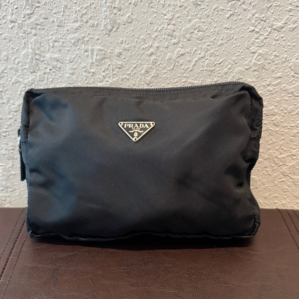 Prada Black Nylon Toiletry Pouch with Silver Triangle Logo